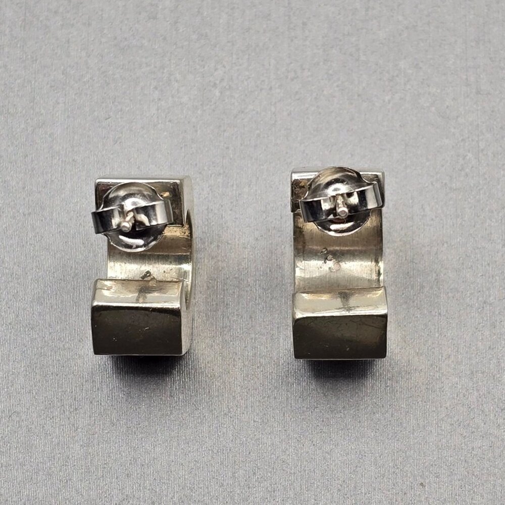 Sterling Silver Geometric C-Hoop Earrings Bold .75" Modern Hexagon Design - Picture 6 of 13